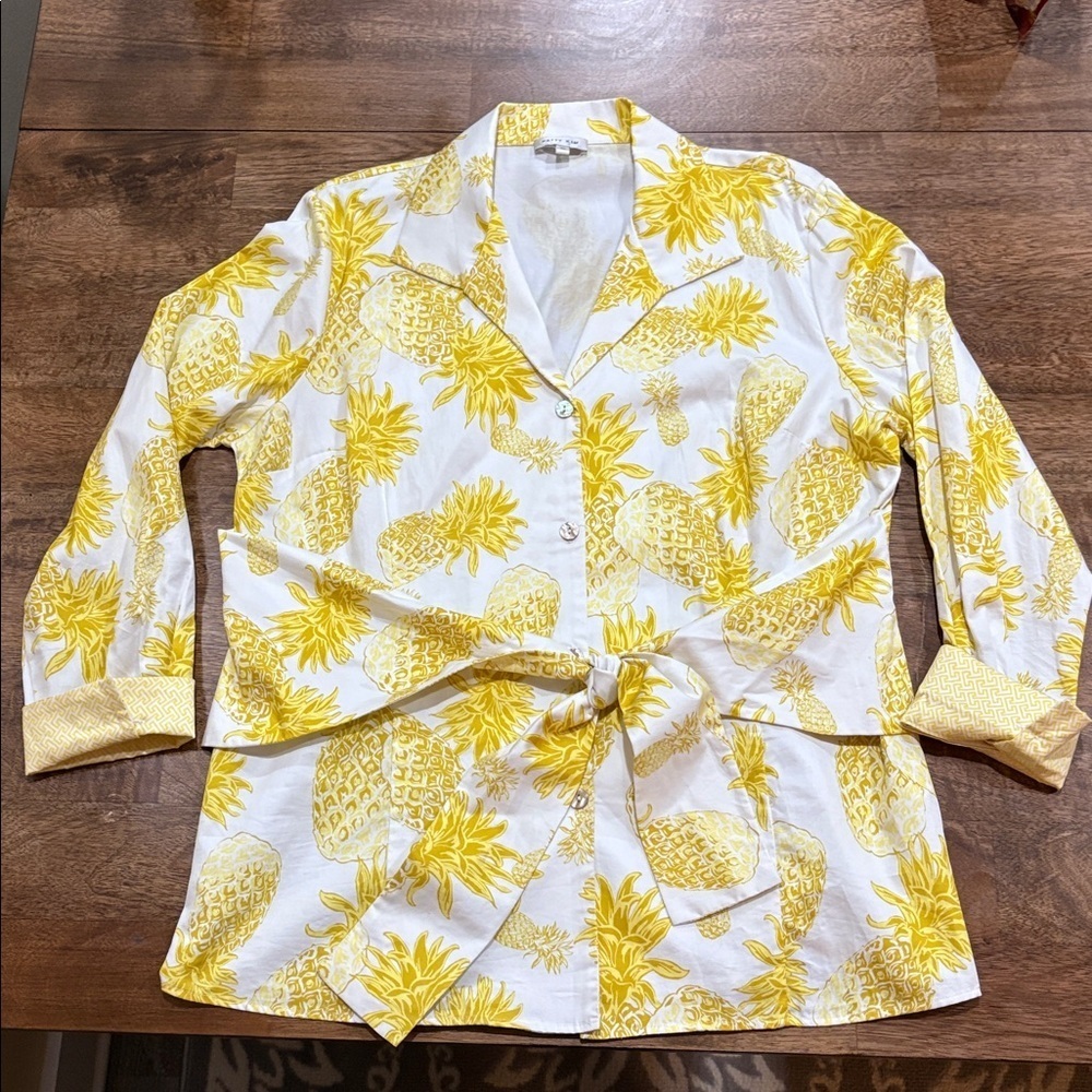 Patty Kim Pineapple Print Sash Tie Blouse. XL. Cotton